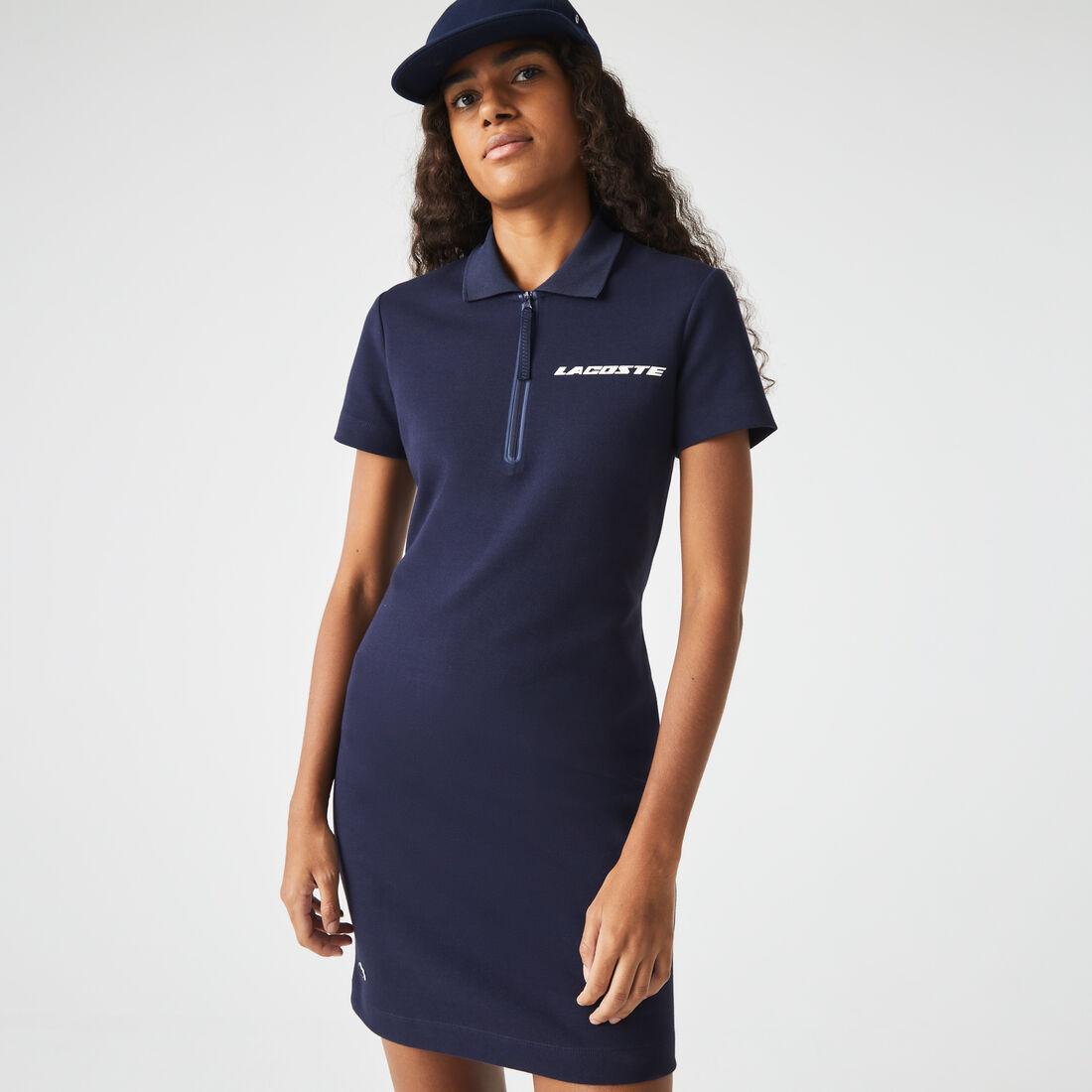 Lacoste Contrast Branded Two-ply Jersey Women's Dress Navy Blue | 589-PEOZXV