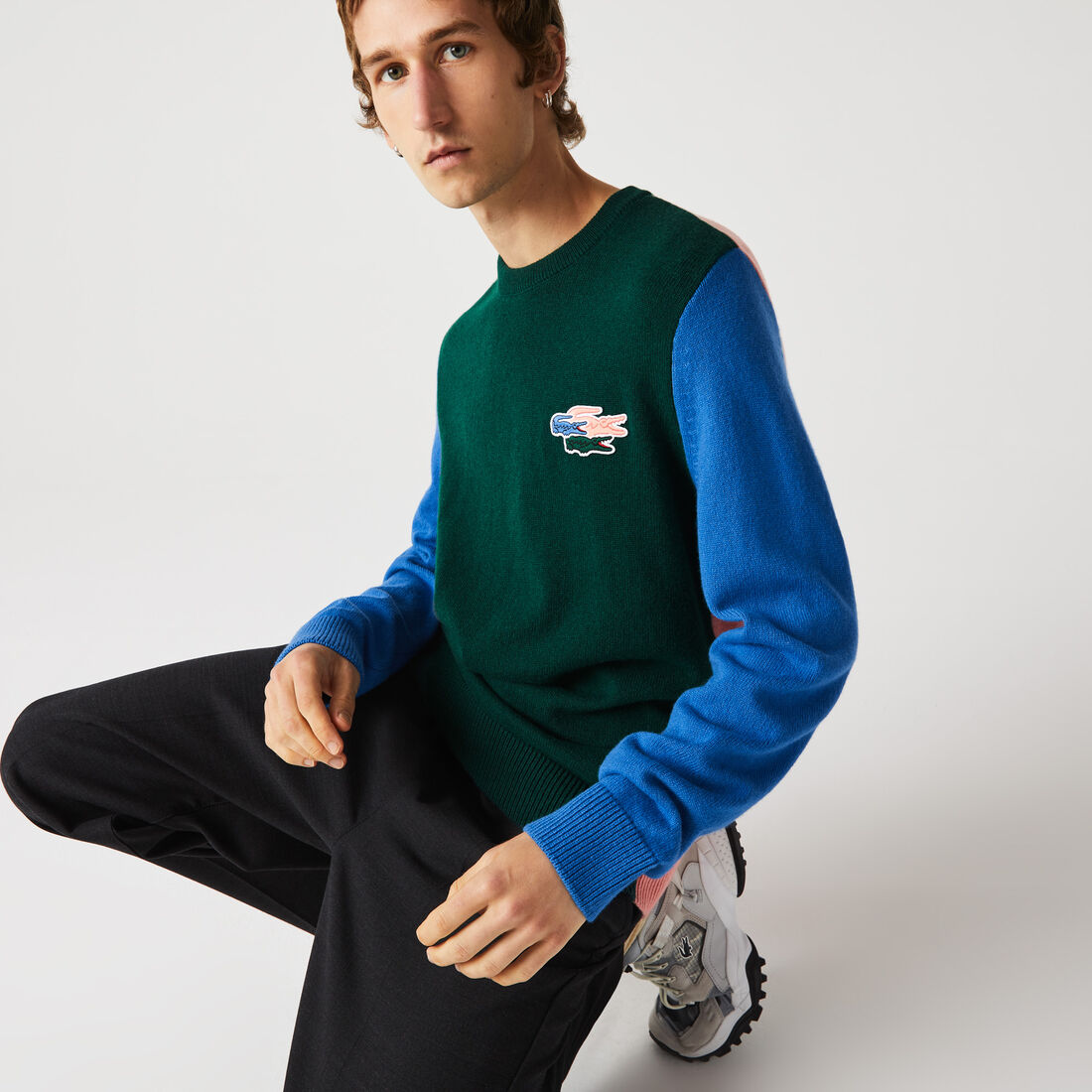 Lacoste Crew Neck Colorblock Responsible Wool Men's Sweaters Black | 695-HOFZGM