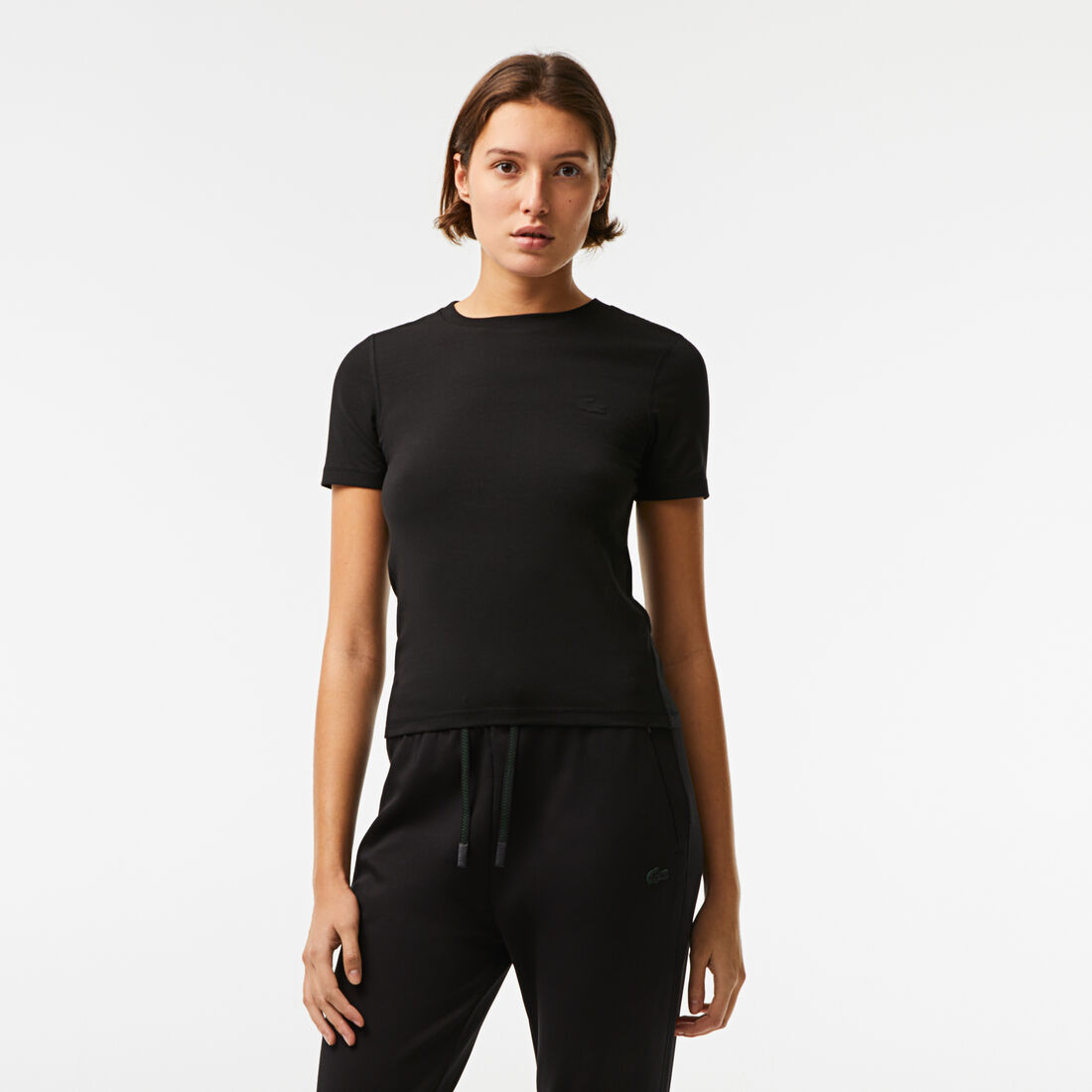 Lacoste Crew Neck Cotton Blend Women's T Shirts Black | 164-YOKLMJ