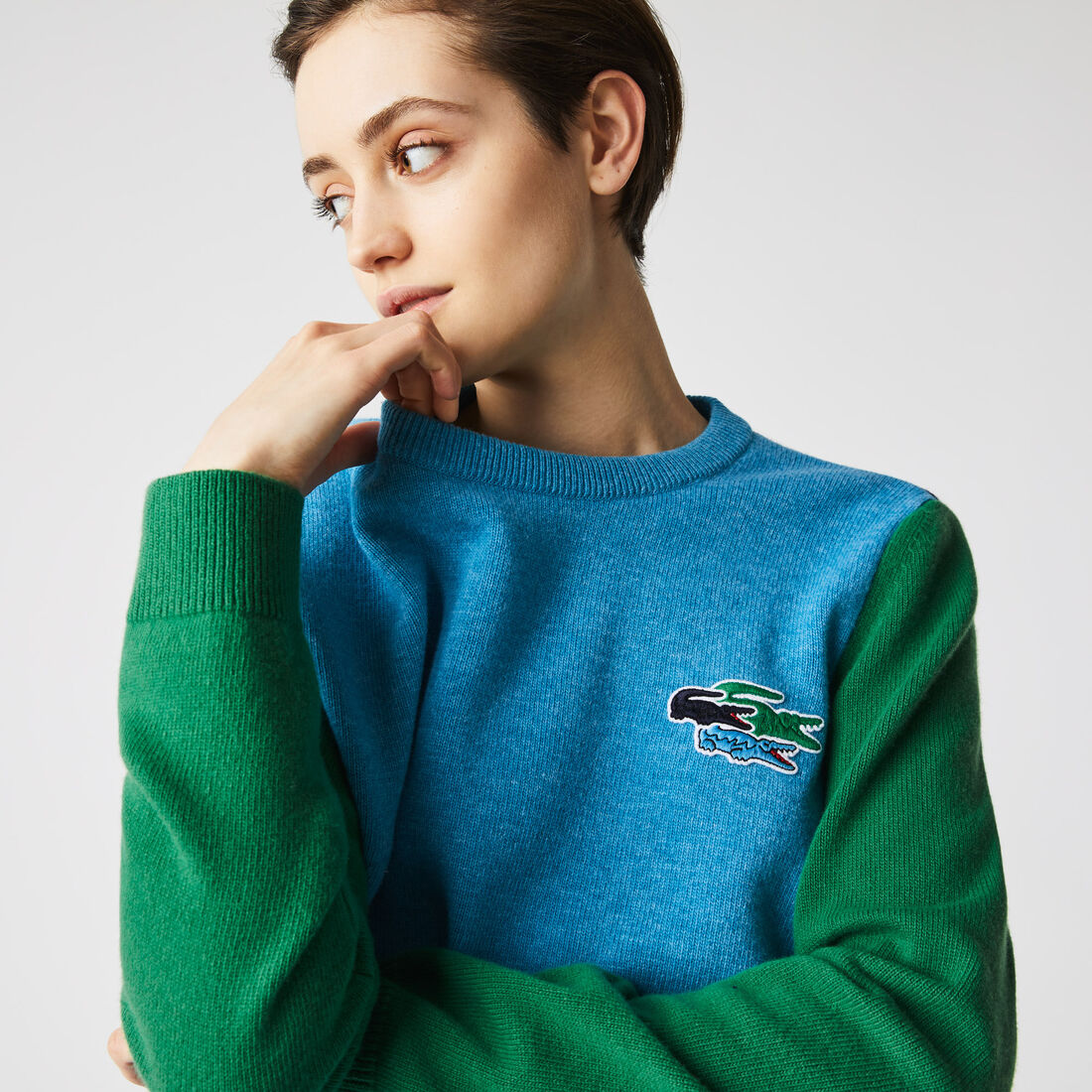 Lacoste Crew Neck Crocodiles Badge Colorblock Wool Women's Sweatshirts Blue | 947-YQIKDR