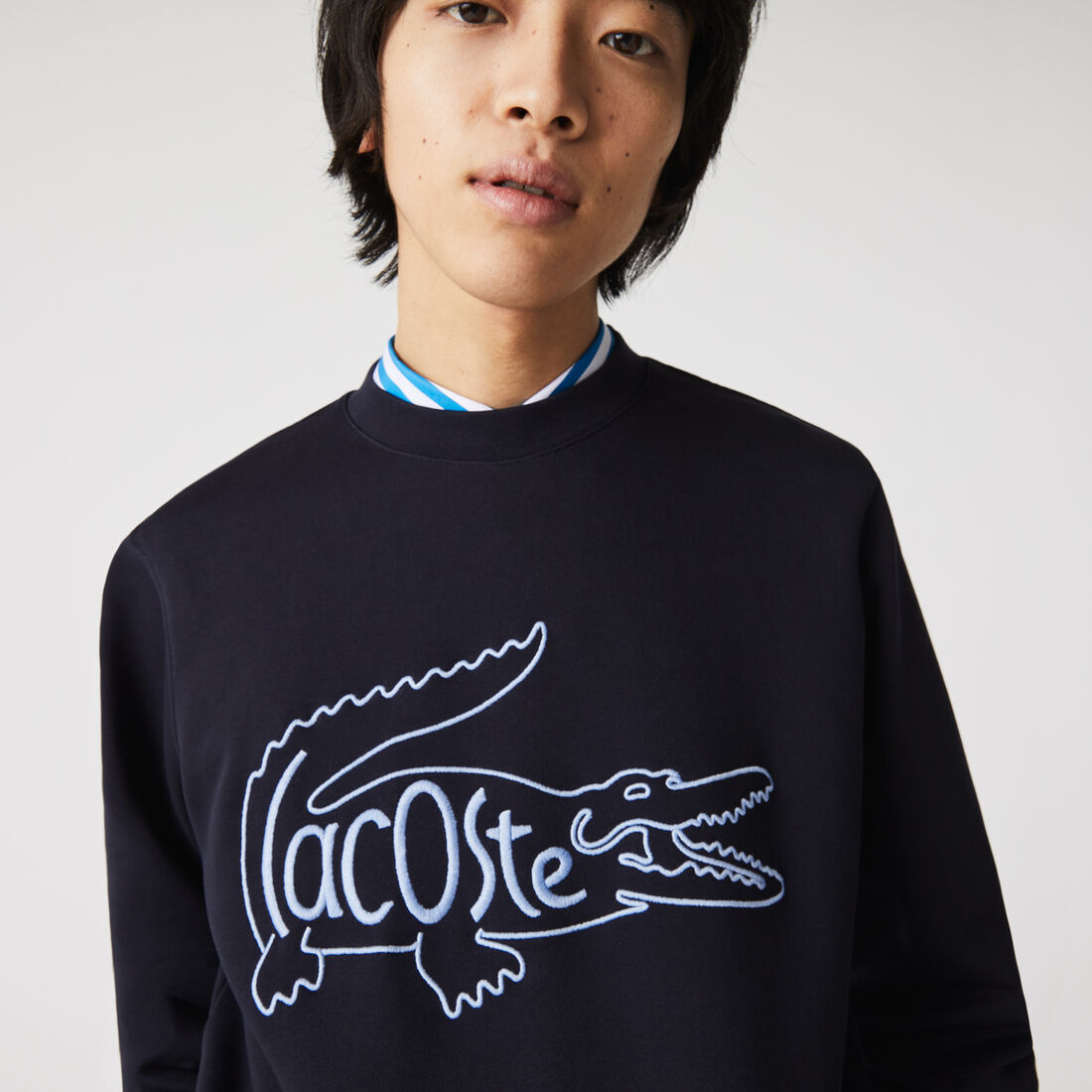 Lacoste Crew Neck Embroidered Crocodile Cotton Fleece Men's Sweatshirts Black | 758-CJEAQV