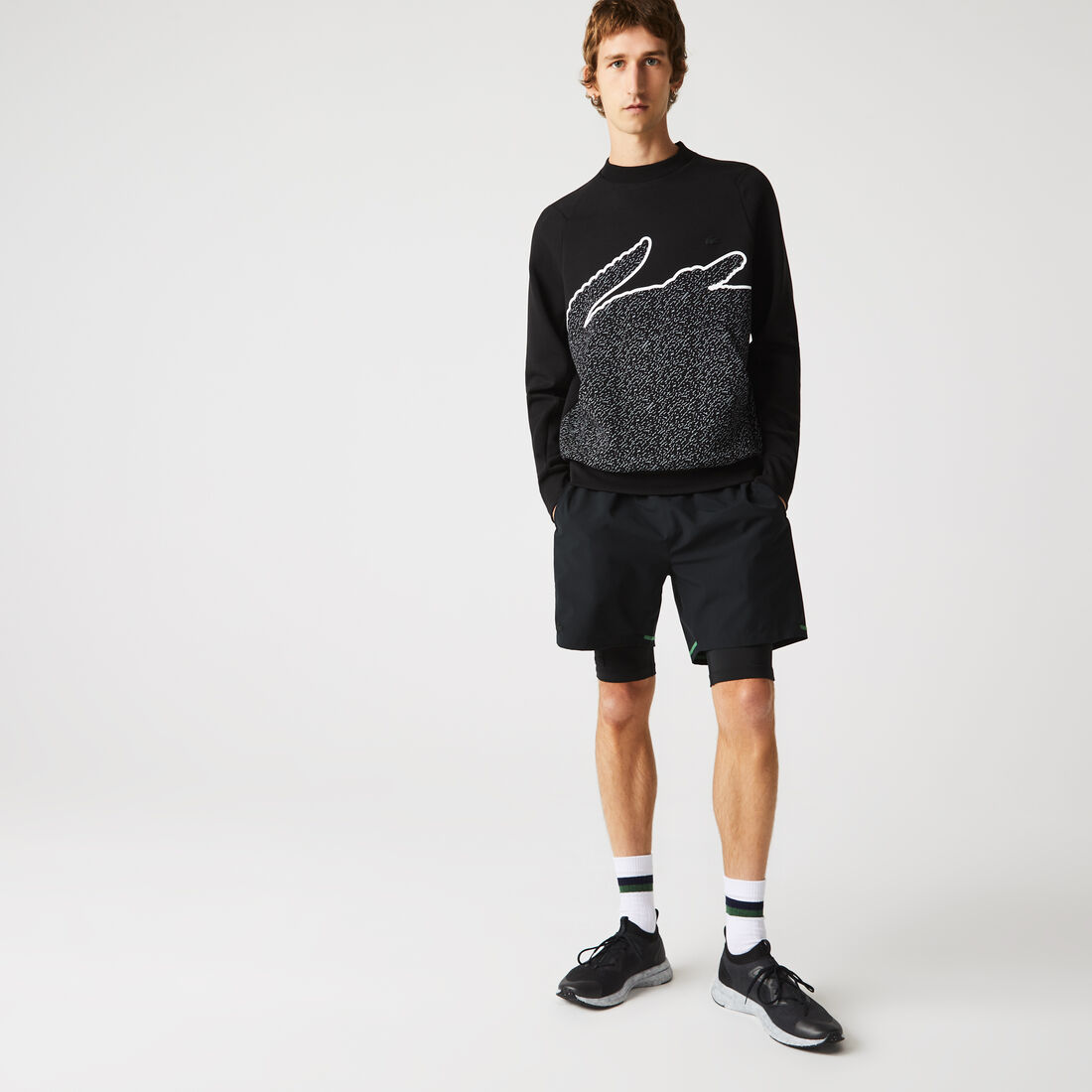 Lacoste Crew Neck Oversized Crocodile Cotton Blend Men's Sweatshirts Black | 019-KLZUAO