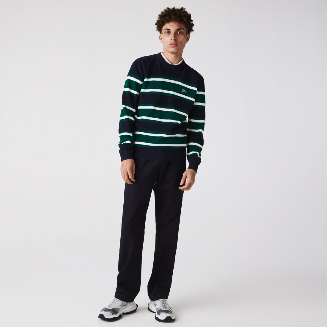 Lacoste Heritage Crew Neck Striped Cotton Men's Sweaters Blue | 251-FSIZYP