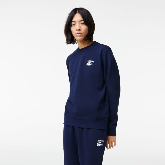 Lacoste Inscription Crew Neck Men's Sweatshirts Navy Blue | 709-LRAVGH