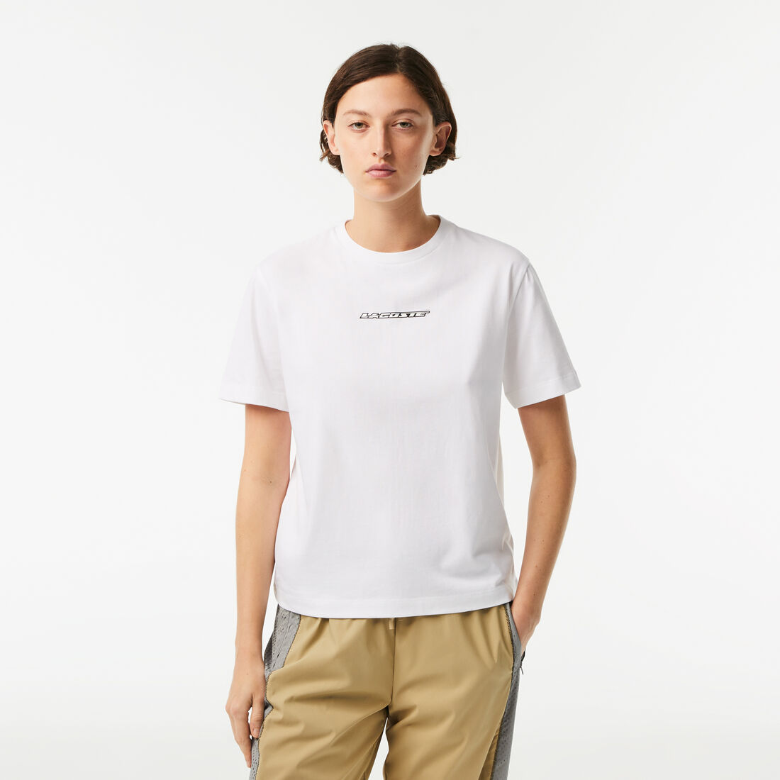 Lacoste Jersey Contrast Print Women's T Shirts White | 672-DSBXOH