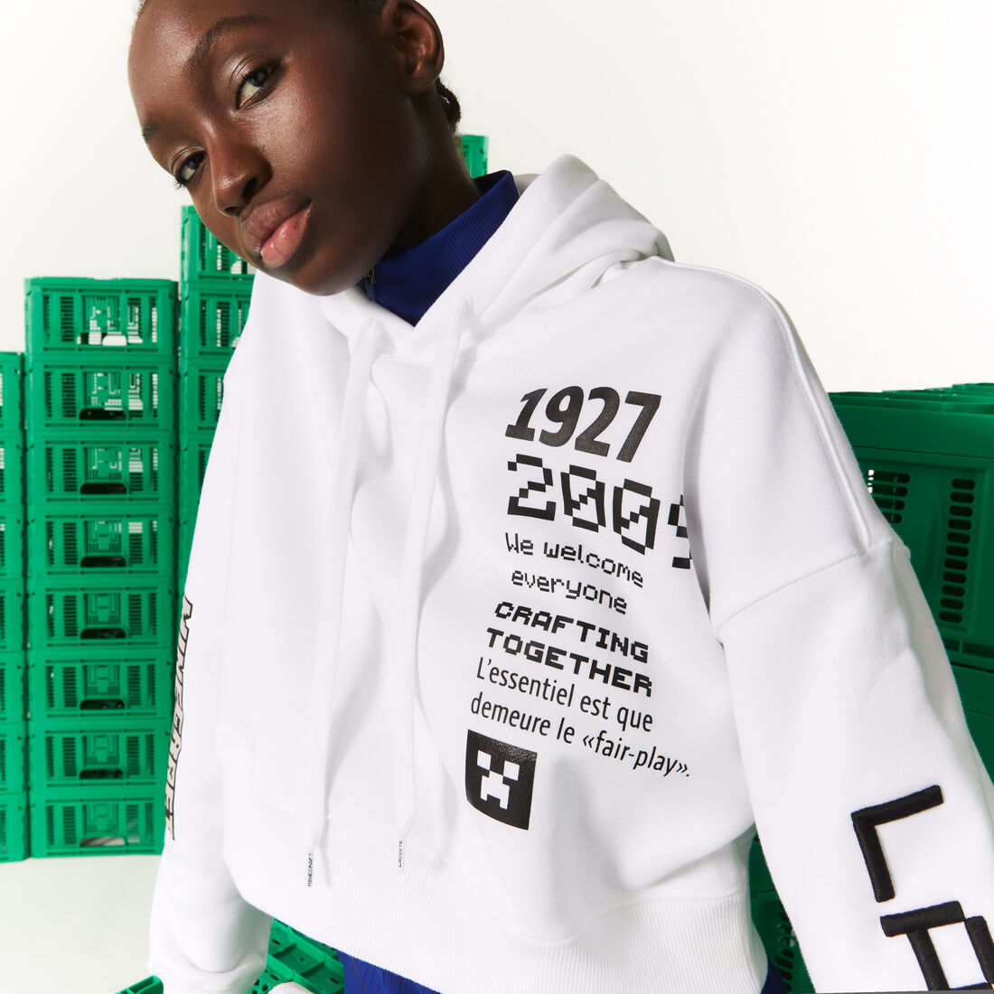 Lacoste L!ve Collab Minecraft Oversized Fleece Hoodie Women's Sweatshirts White | 640-GYLPXD