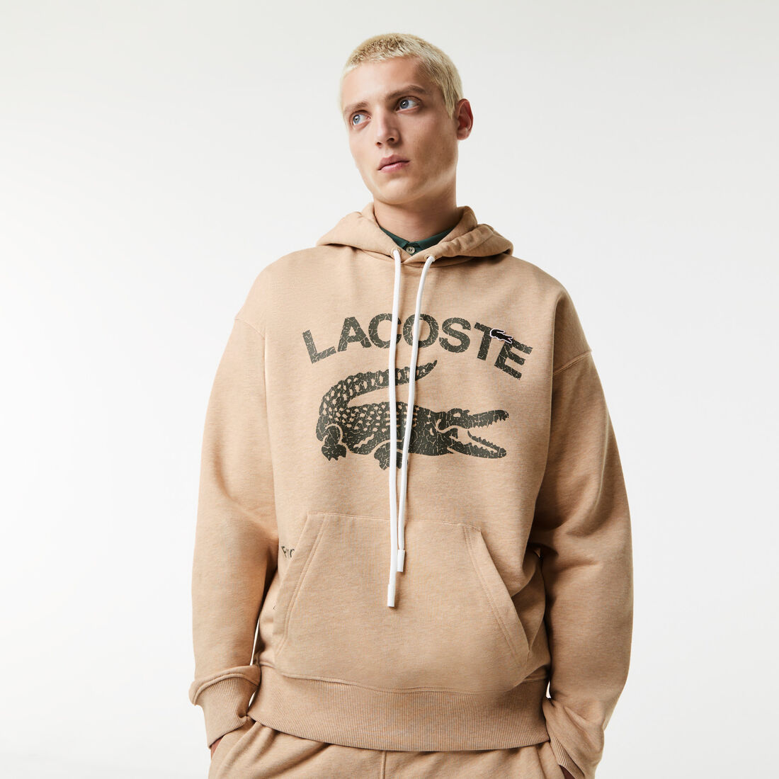 Lacoste Loose Fit Crocodile Hooded Men's Sweatshirts Beige | 658-GWTBZC