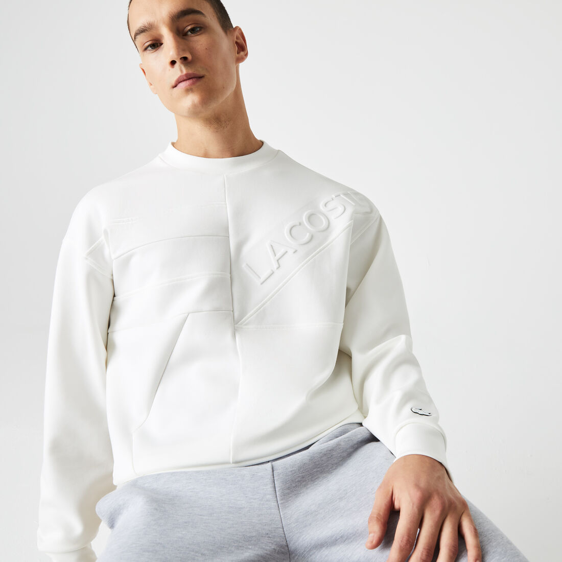 Lacoste Loose Fit Patchwork Effect Men's Sweatshirts White | 732-YDIEPM