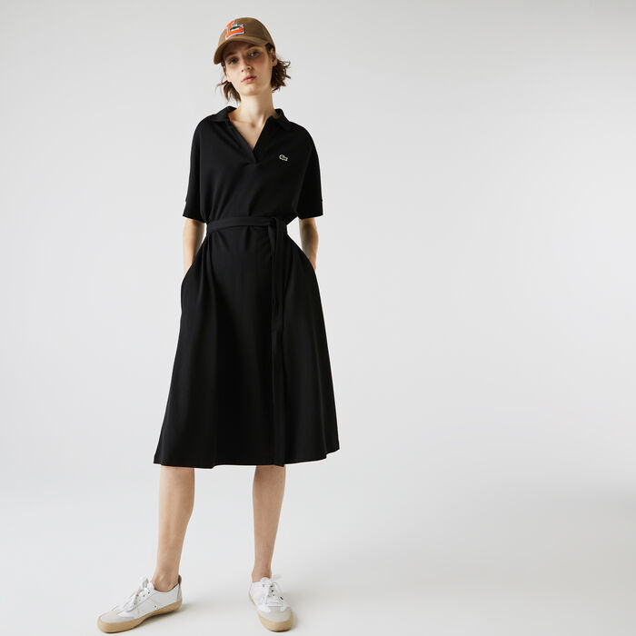 Lacoste Loose Fit V-neck Piqué Women's Dress Black | 037-RFDMEN