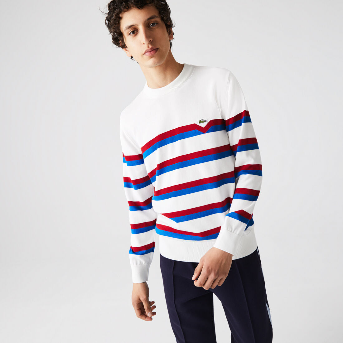 Lacoste Made In France Striped Organic Cotton Men's Sweaters White | 920-EFYKNG