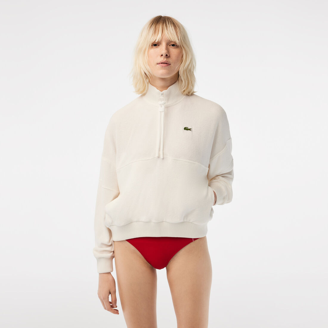 Lacoste Oversize High Neck Zipped Fleece Women's Sweatshirts White | 026-ALHMXZ