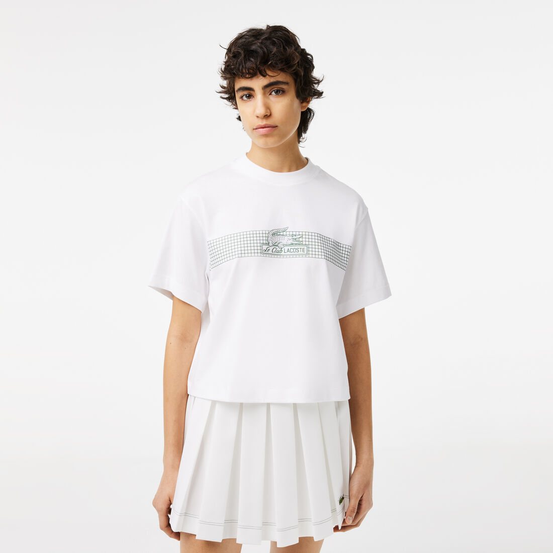 Lacoste Oversize Net Print Jersey Women's T Shirts White | 758-NIPLTC