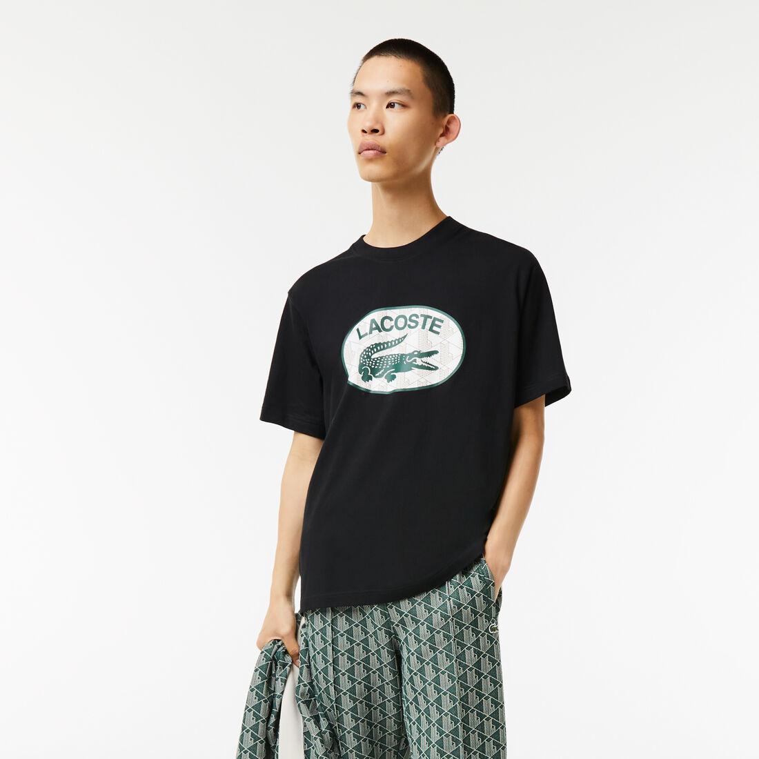 Lacoste Regular Fit Branded Monogram Print Men's T Shirts Black | 138-OWYLNZ