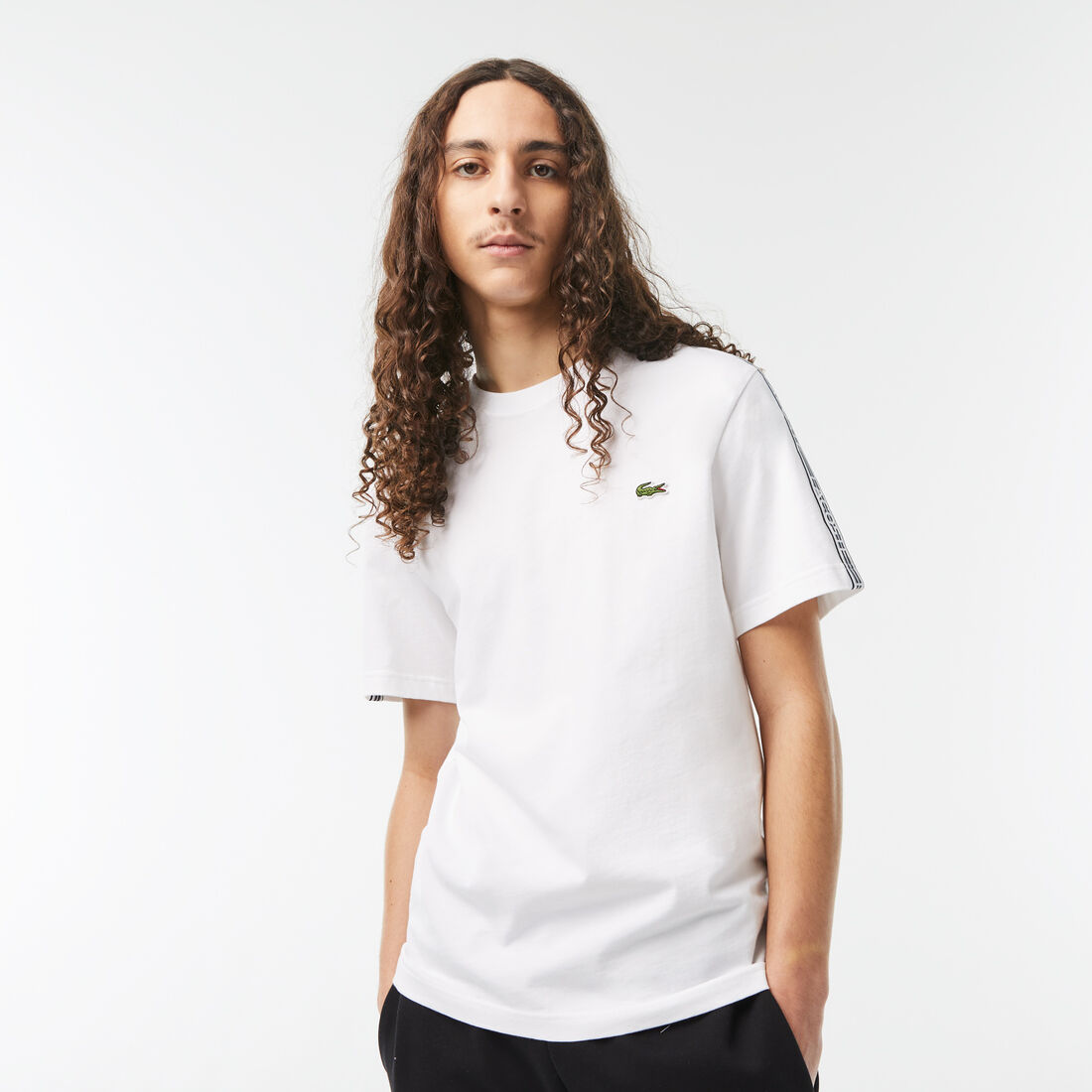 Lacoste Regular Fit Logo Stripe Men's T Shirts White | 215-LISWRN