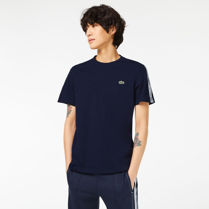 Lacoste Regular Fit Logo Stripe Men's T Shirts Navy Blue | 325-ZODKXN