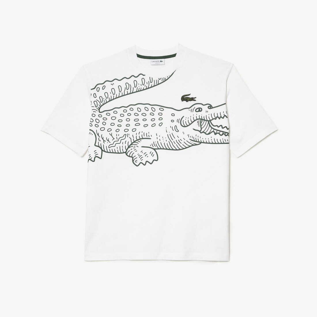 Lacoste Round Neck Loose Fit Crocodile Print Men's T Shirts White | 470-YVQTEC