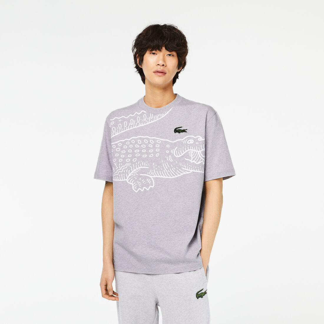 Lacoste Round Neck Loose Fit Crocodile Print Men's T Shirts Grey | 729-SZBHYD