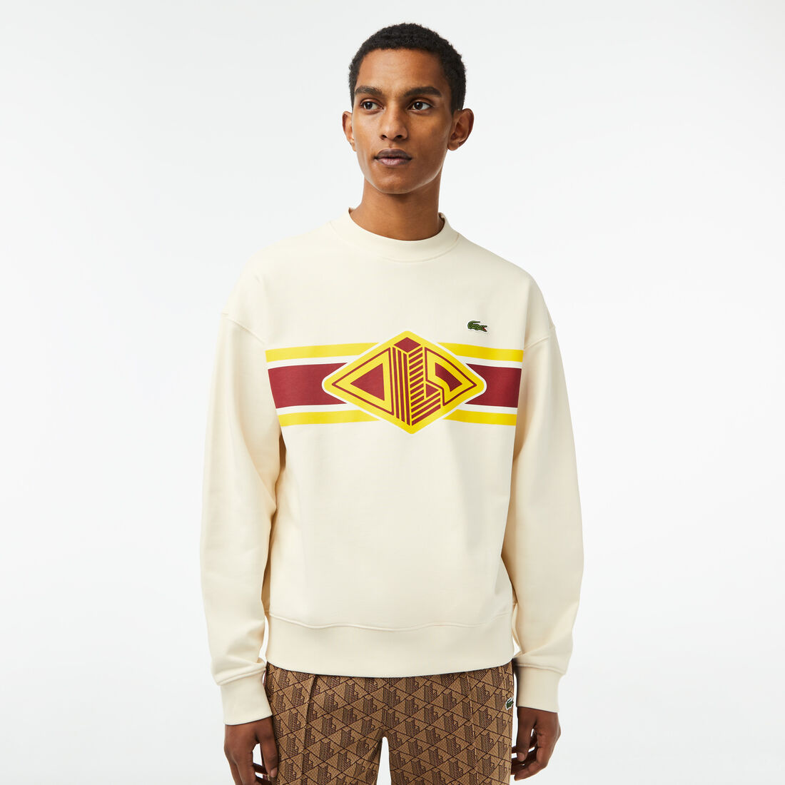 Lacoste Round Neck Loose Fit Printed Men's Sweatshirts White | 082-YLTOWS