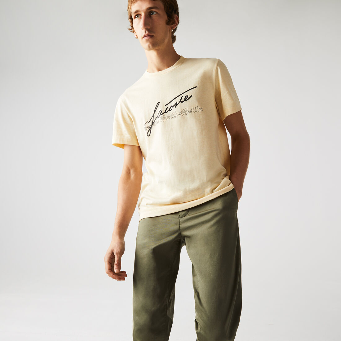 Lacoste Signature And Crocodile Print Crew Neck Cotton Men's T Shirts Yellow | 358-KUQNRS