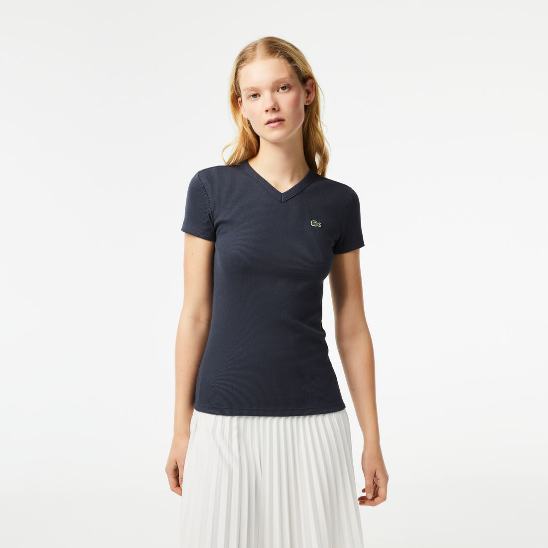 Lacoste Slim Fit Organic Cotton V-neck Women's T Shirts Blue | 628-BFMSTX