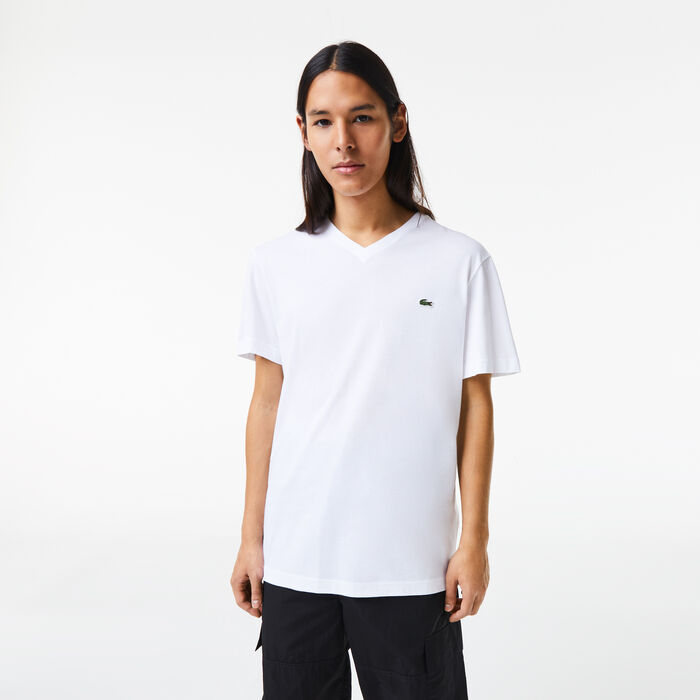 Lacoste V-neck Cotton Men's T Shirts White | 653-TEOQSG