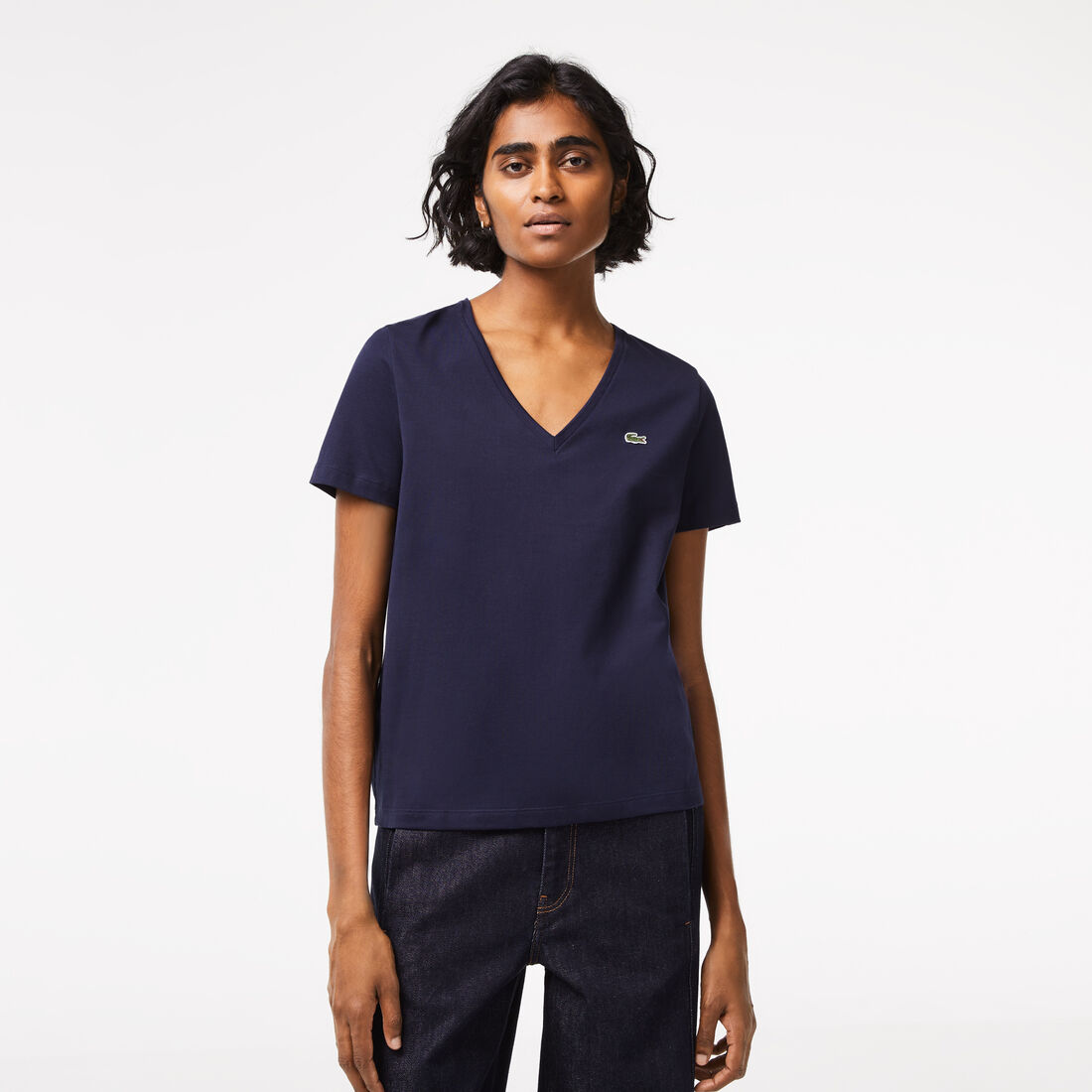 Lacoste V-neck Loose Fit Cotton Women's T Shirts Navy Blue | 913-VNOGRU