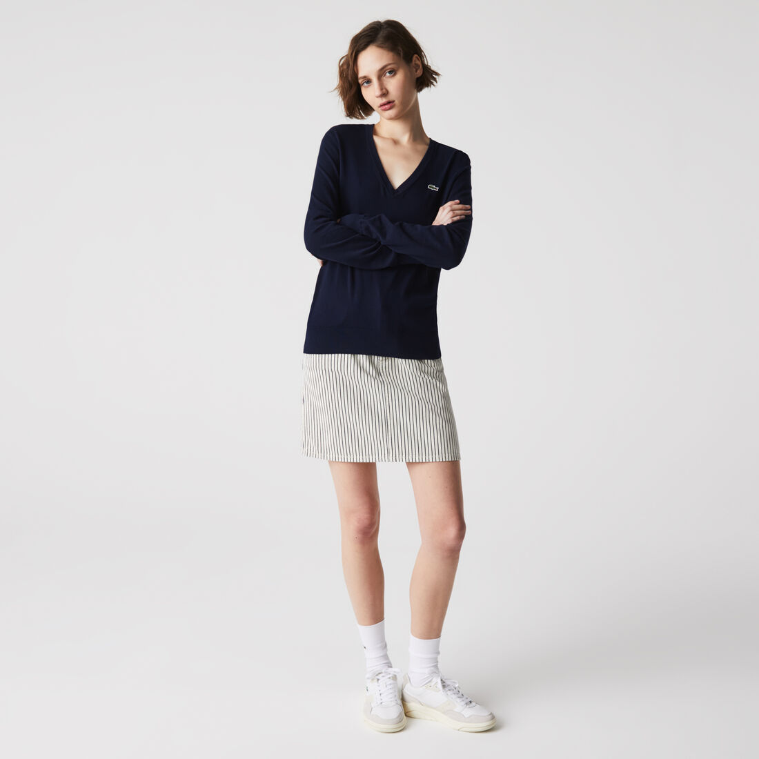 Lacoste V-neck Loose Organic Cotton Women's Sweatshirts Navy | 894-FSPXHM