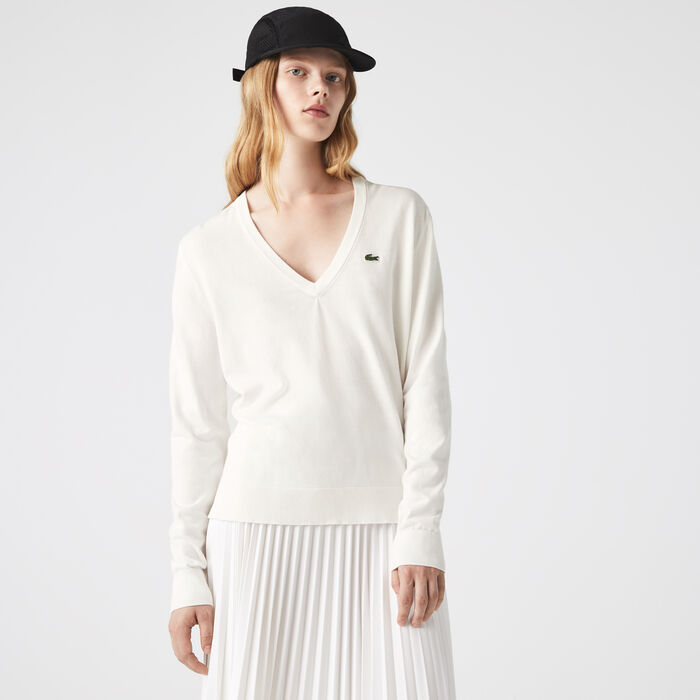 Lacoste V-neck Organic Cotton Women's Sweatshirts White | 018-KOAJCF