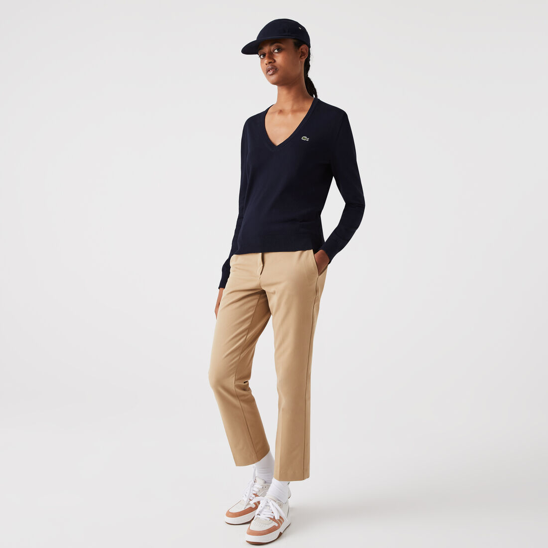 Lacoste V-neck Organic Cotton Women's Sweatshirts Navy Blue | 387-OZHDKX