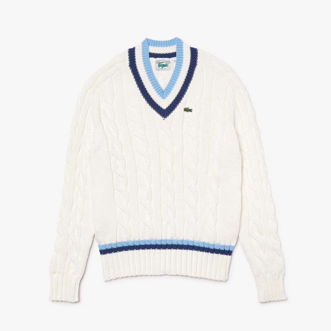 Lacoste V-neck Striped Finishes Cable Knit Men's Sweaters Blue | 395-XOFYET