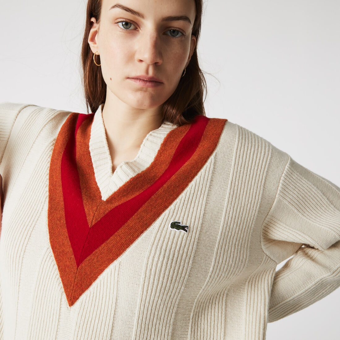 Lacoste V-neck Striped Textured Wool Women's Sweatshirts Multicolor | 309-CXKEWI