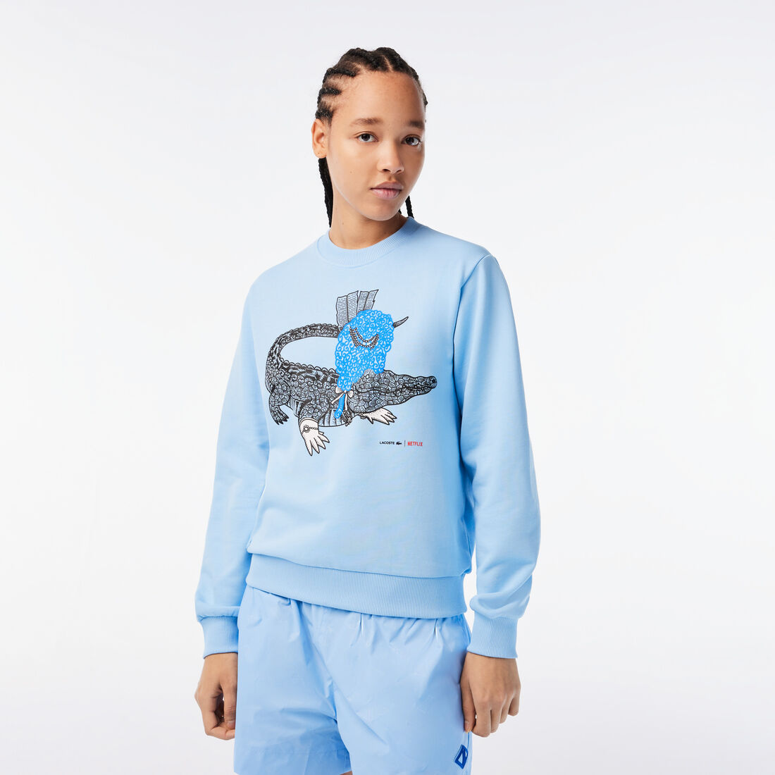 Lacoste X Netflix Loose Fit Organic Cotton Fleece Women's Sweatshirts Blue | 279-FJDSNZ