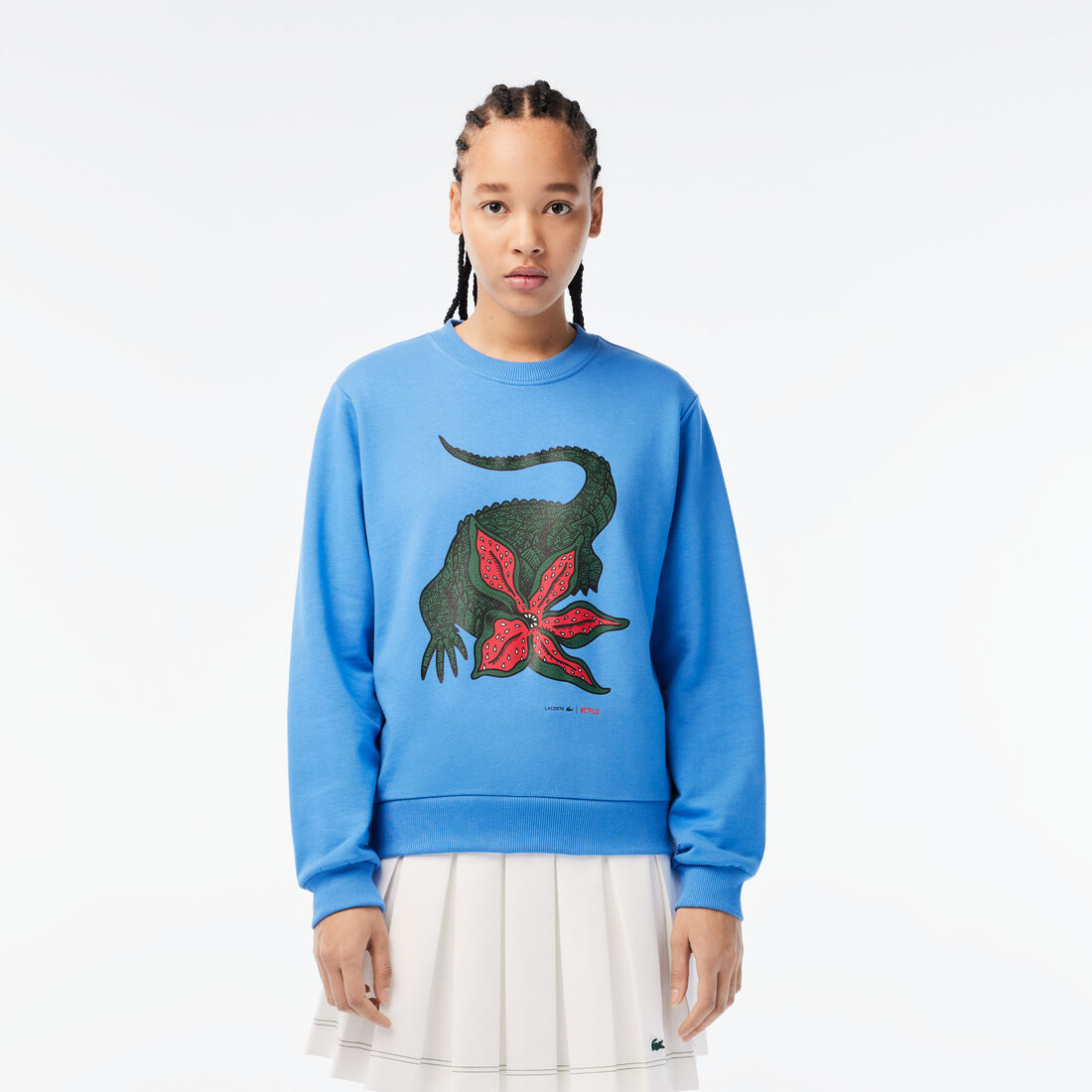 Lacoste X Netflix Loose Fit Organic Cotton Fleece Women's Sweatshirts Blue | 695-RCGPHT