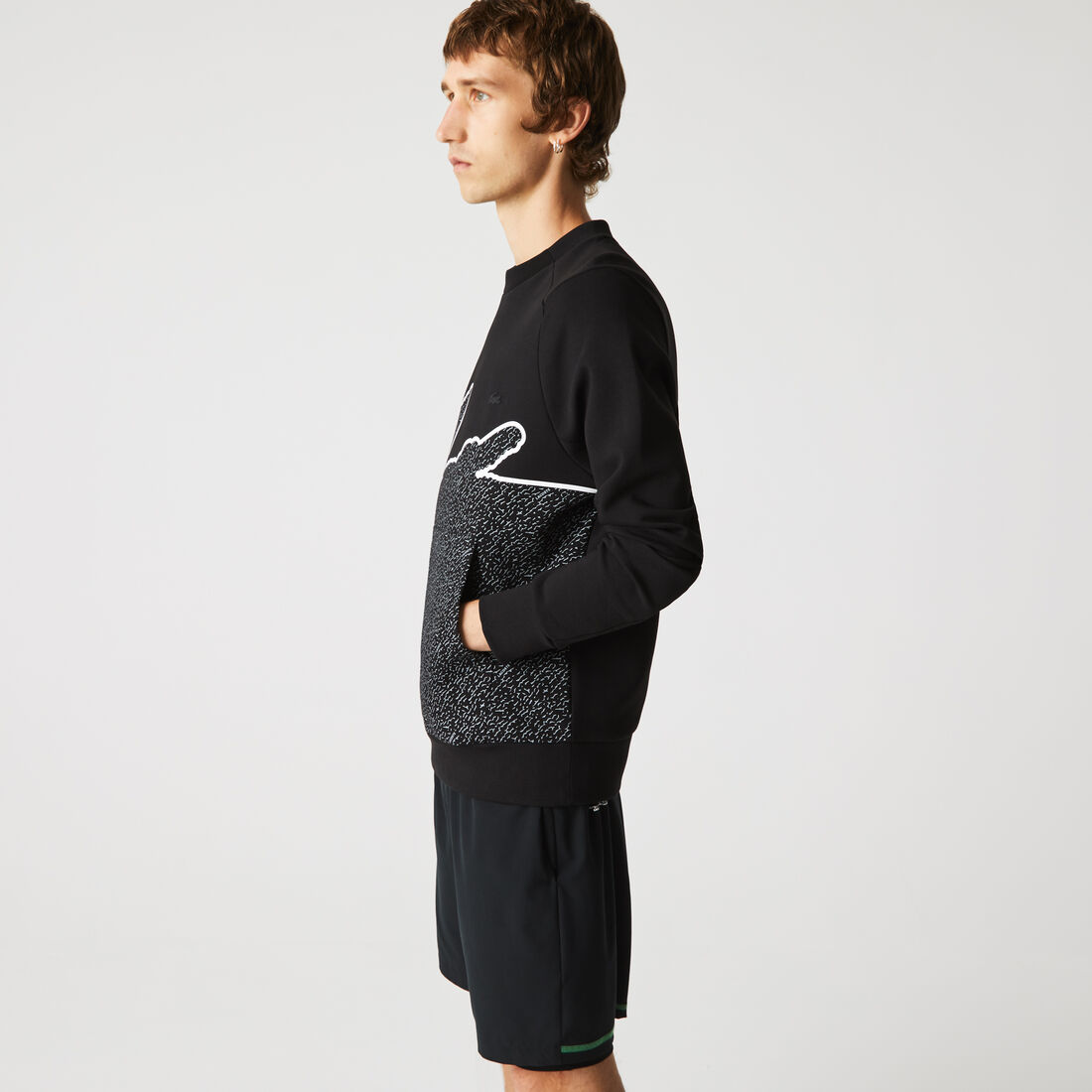 Lacoste Crew Neck Oversized Crocodile Cotton Blend Men's Sweatshirts Black | 019-KLZUAO