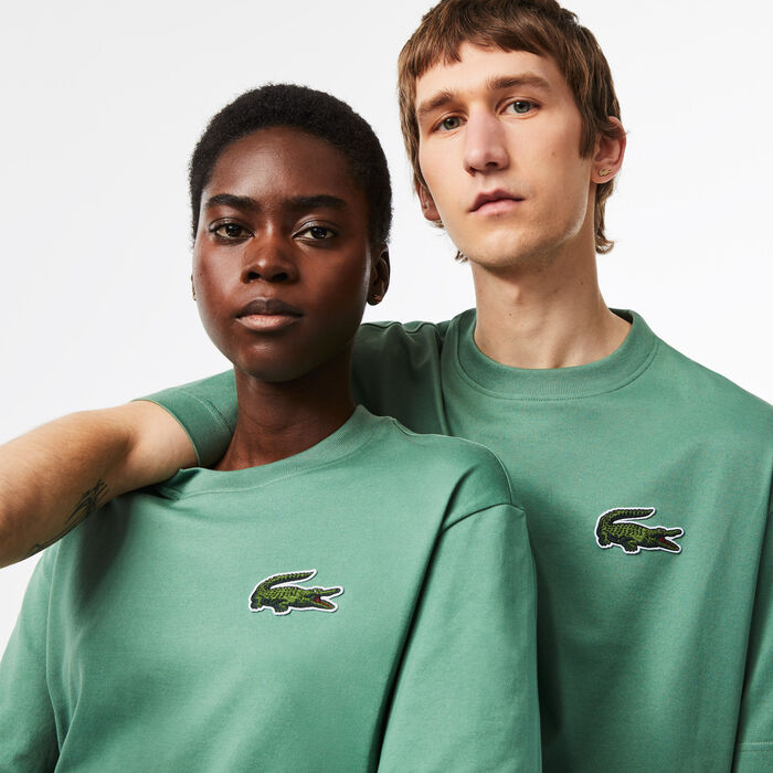 Lacoste Loose Fit Large Crocodile Organic Cotton Men's T Shirts Khaki Green | 680-NEQZGS