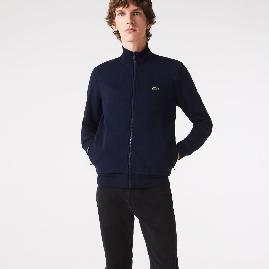 Lacoste Regular Fit Brushed Fleece Zippered Men's Sweatshirts Navy Blue | 270-LVOXEZ