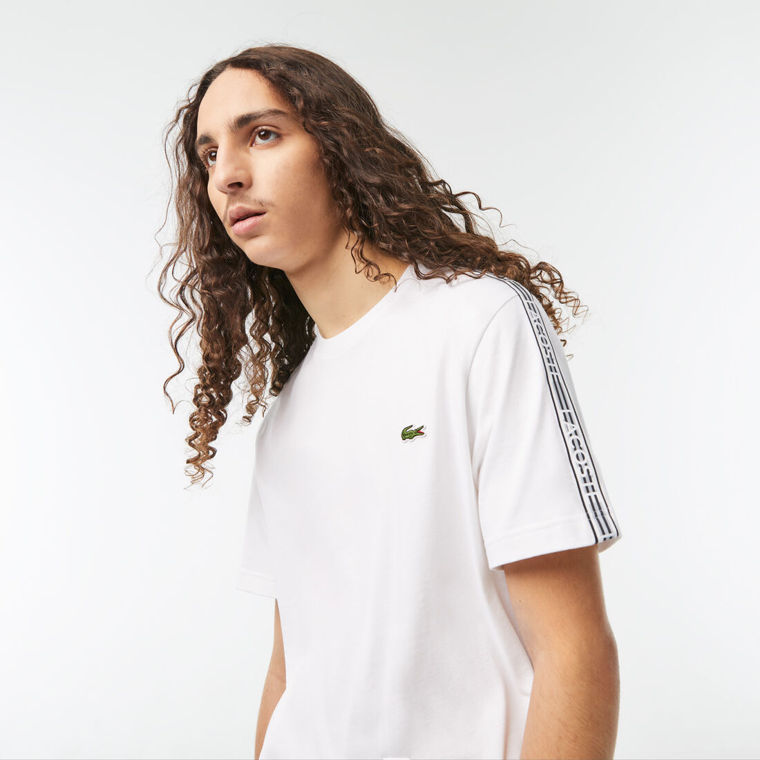 Lacoste Regular Fit Logo Stripe Men's T Shirts White | 215-LISWRN