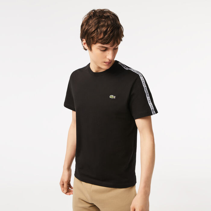 Lacoste Regular Fit Logo Stripe Men\'s T Shirts Black | 310-PUASHL