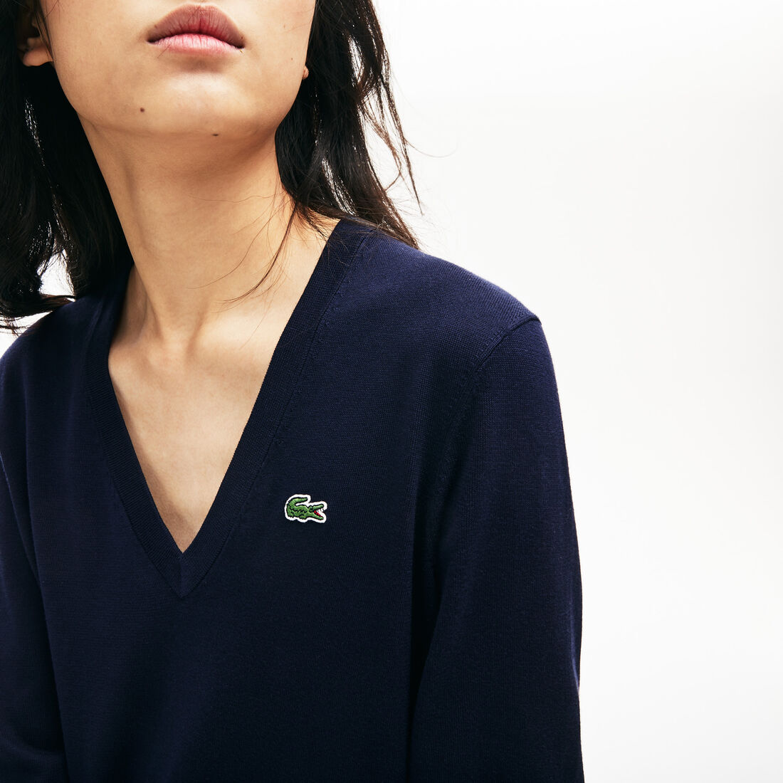 Lacoste Solid Cotton V-neck Women's Sweatshirts Blue | 064-UMSXLP