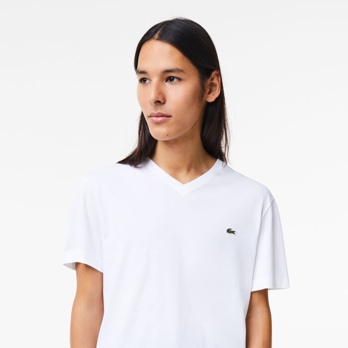 Lacoste V-neck Cotton Men's T Shirts White | 653-TEOQSG