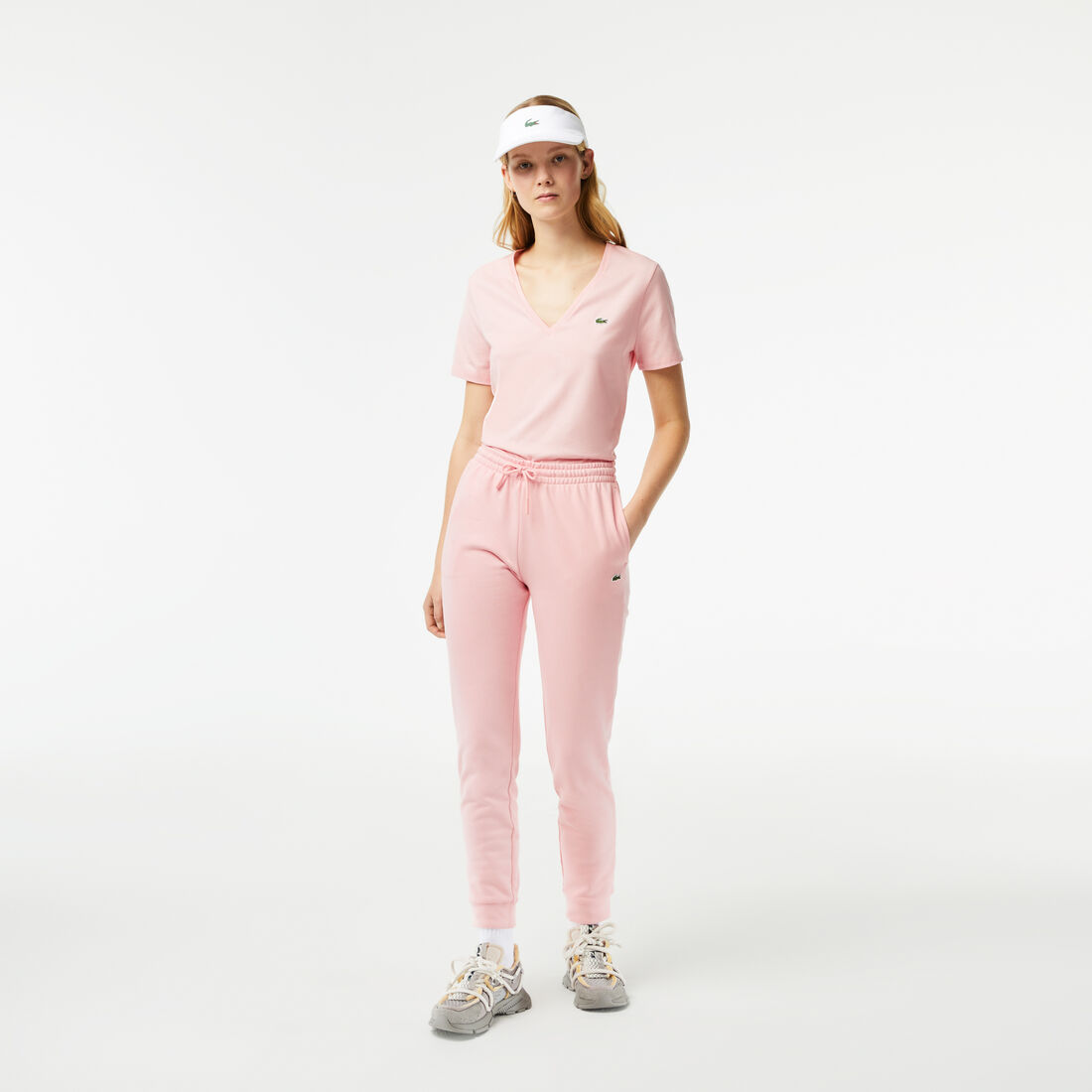 Lacoste V-neck Loose Fit Cotton Women's T Shirts Pink | 123-RXHZAS