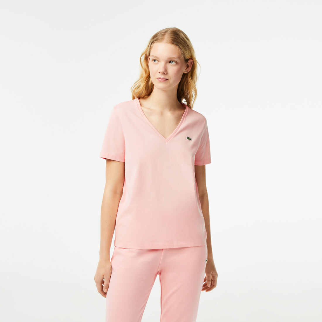 Lacoste V-neck Loose Fit Cotton Women\'s T Shirts Pink | 123-RXHZAS