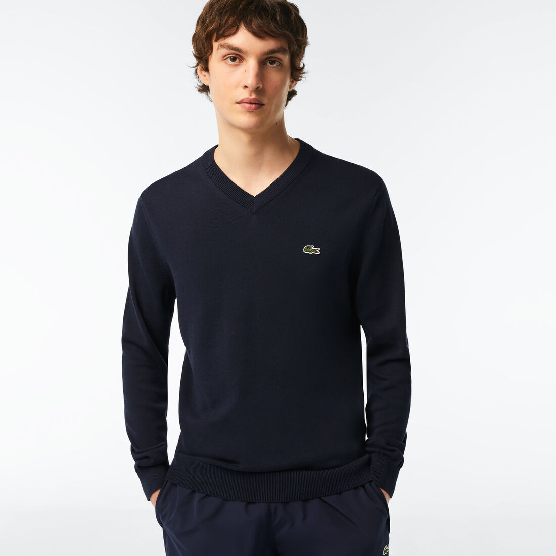 Lacoste V-neck Organic Cotton Men\'s Sweaters Navy Blue | 452-BJGRPV