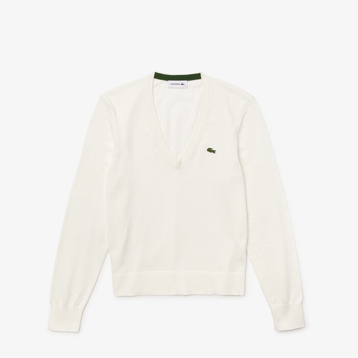 Lacoste V-neck Organic Cotton Women's Sweatshirts White | 018-KOAJCF