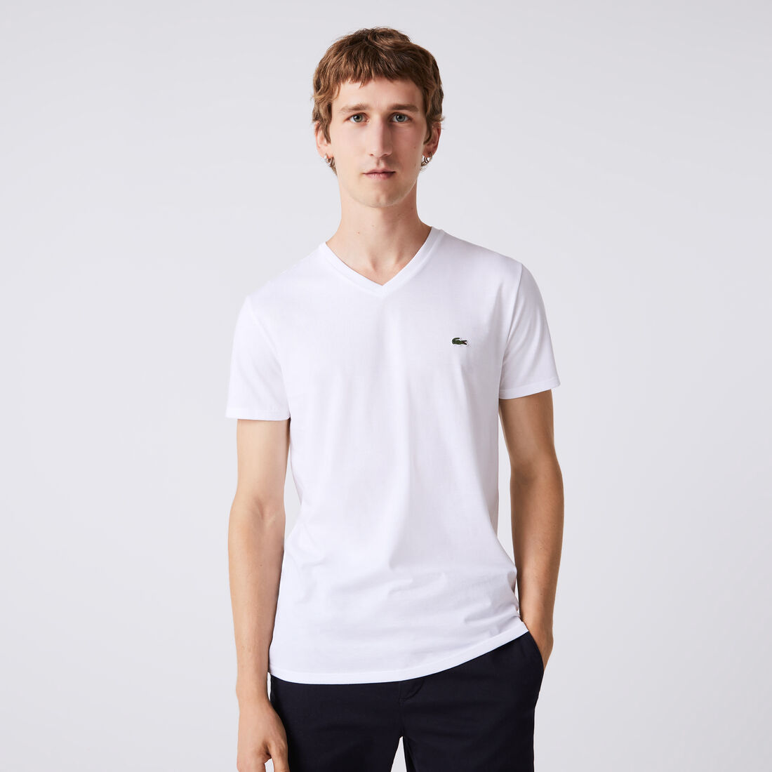 Lacoste V-neck Pima Cotton Jersey Men's T Shirts White | 307-CWURGO