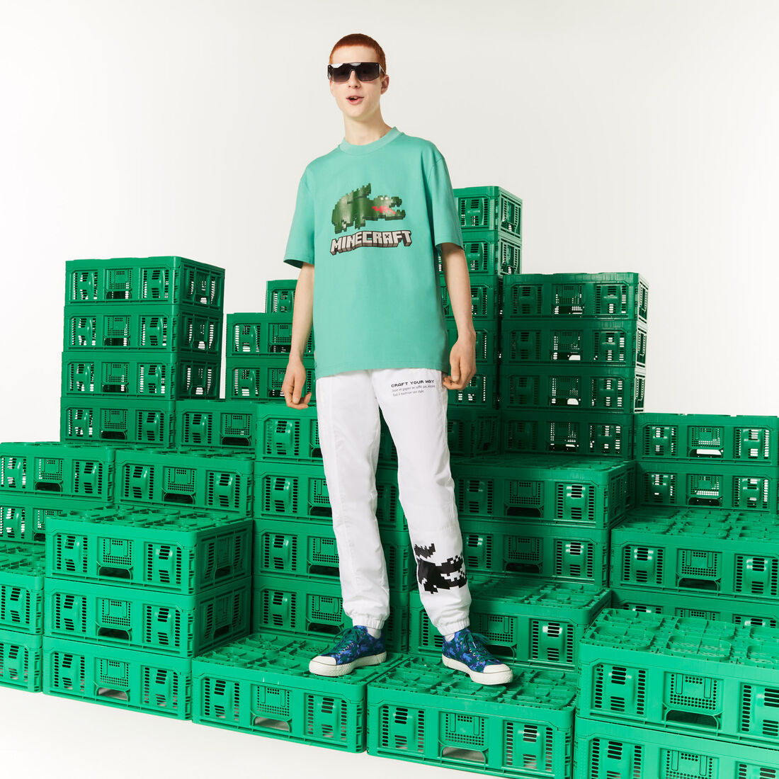 Lacoste X Minecraft Print Organic Cotton Men's T Shirts Green | 302-WGJOQA