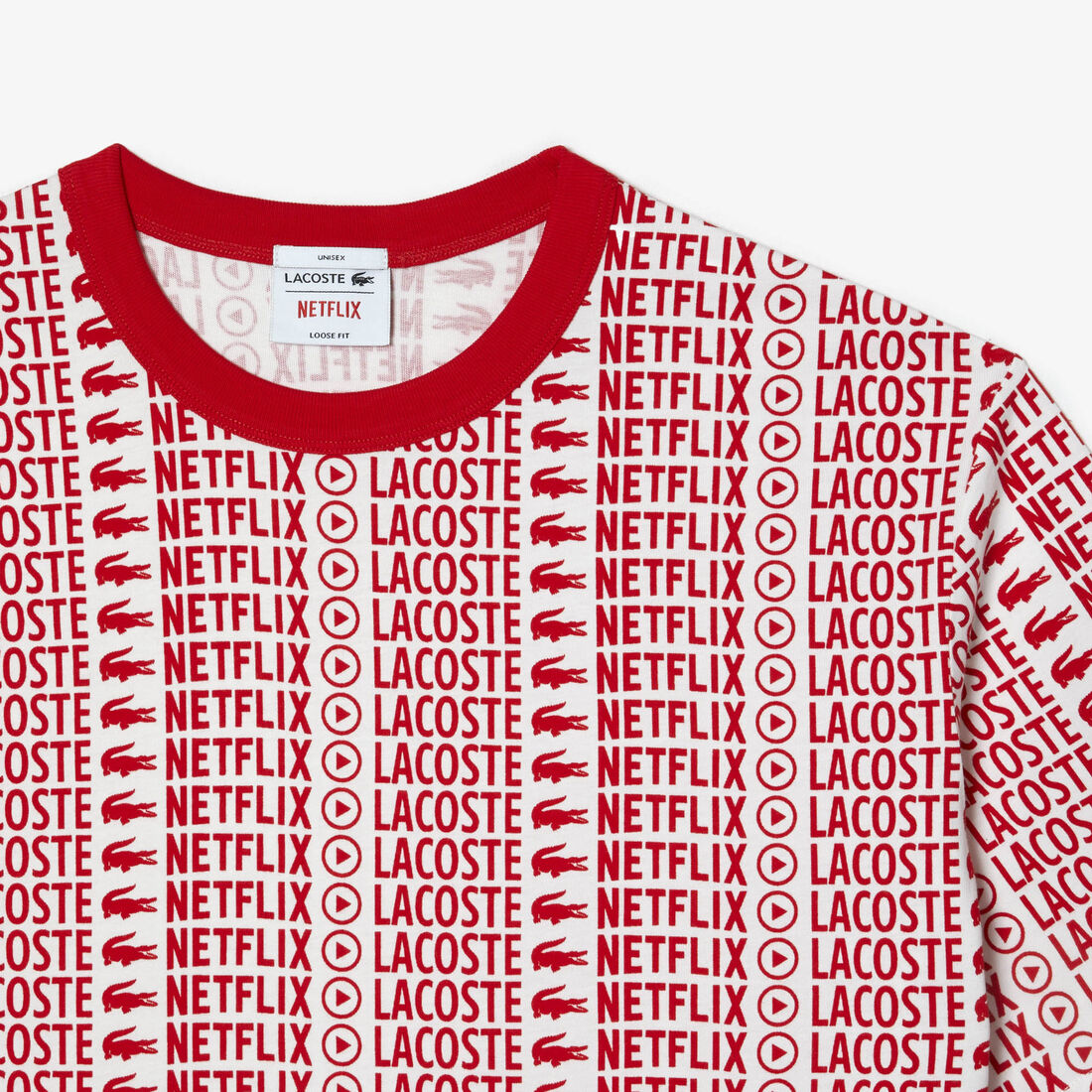 Lacoste X Netflix Loose Fit Printed Men's T Shirts White / Red | 162-YNAKJQ