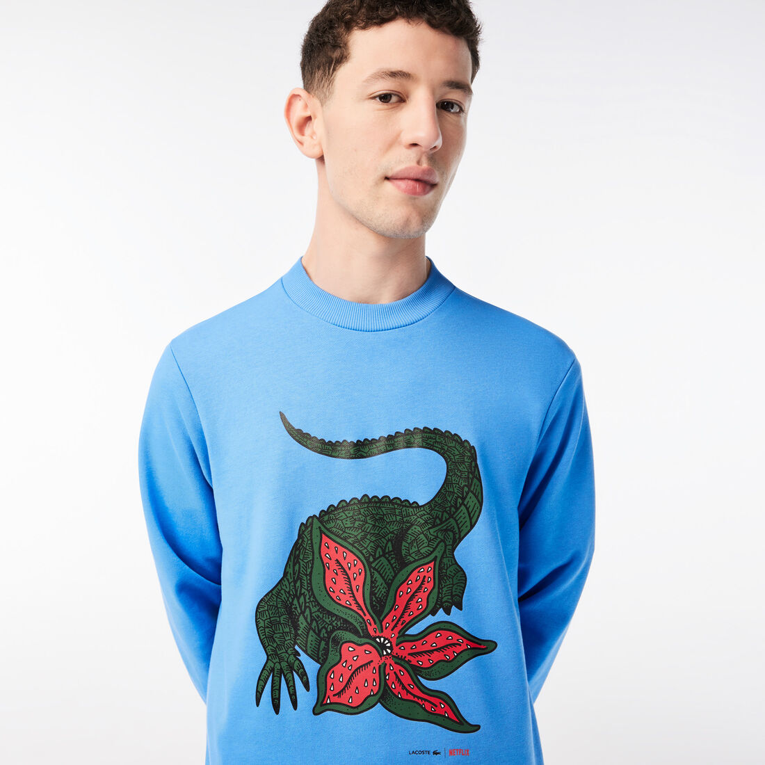 Lacoste X Netflix Organic Cotton Print Men's Sweatshirts Blue | 129-DTMEUS